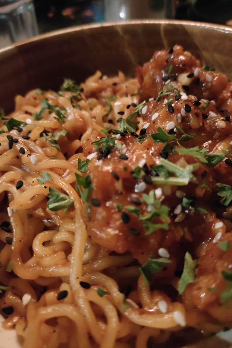Stir Fry Ramen in Gangjang Sauce with Batter Fried Chicken