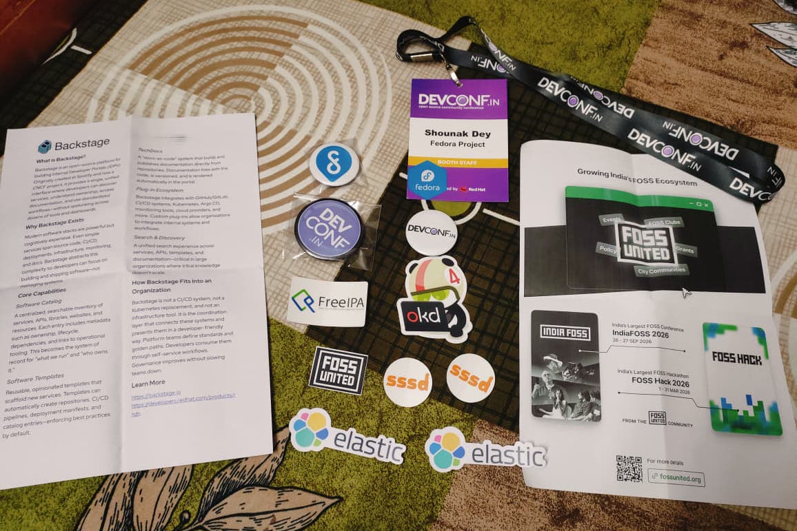 Booth Swags (Fedora, OKD, FreeIPA, FOSS United, Backstage)